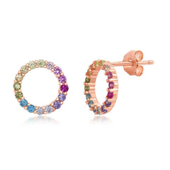 Sterling Silver Rose GP Rainbow CZ Circle Stud Earrings