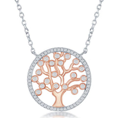 Sterling Silver Rose GP Round CZ Tree Necklace