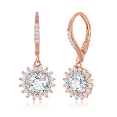 Sterling Silver Rose GP Round Halo Flower CZ Dangling Earrings