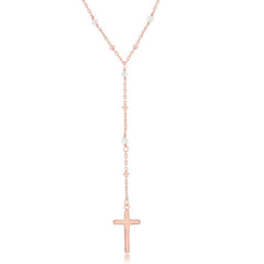 Sterling Silver Rose Quartz & Plain Beads Cross Rosary Necklace