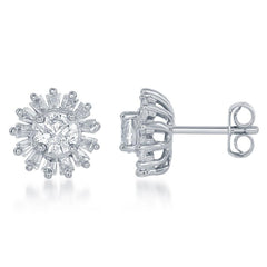 Sterling Silver Round Baguette Border Stud Earrings