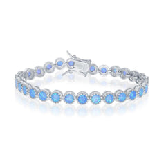 Sterling Silver Round Blue Inlay Opal with Beaded Border Bracelet