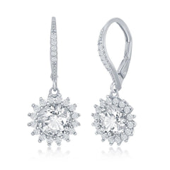 Sterling Silver Round Halo Flower Dangling Earrings