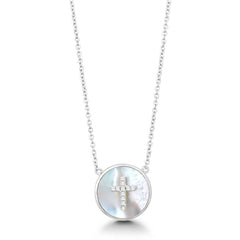 Sterling Silver Round MOP Center CZ Cross Necklace