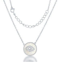 Sterling Silver Round MOP CZ Evil Eye Necklace