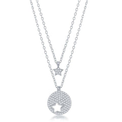 Sterling Silver Round Star Cut-Out & Star Double Strand Necklace