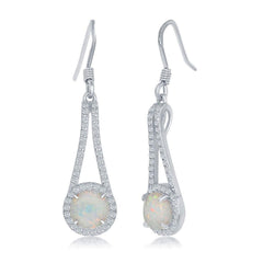 Sterling Silver Round White Opal Halo Long Earrings