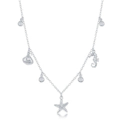 Sterling Silver Sea Shell, Starfish and Seahorse CZ's Necklace