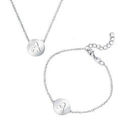 Sterling Silver Shiny 'A' Disc Initial Bracelet and Necklace Set