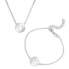 Sterling Silver Shiny 'H' Disc Initial Bracelet and Necklace Set