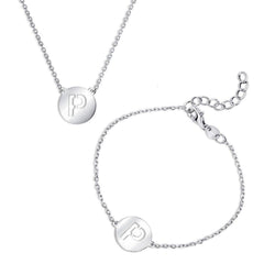 Sterling Silver Shiny 'P' Disc Initial Bracelet and Necklace Set