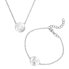 Sterling Silver Shiny 'R' Disc Initial Bracelet and Necklace Set