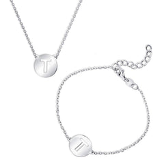 Sterling Silver Shiny 'T' Disc Initial Bracelet and Necklace Set