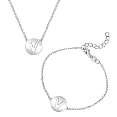 Sterling Silver Shiny 'V' Disc Initial Bracelet and Necklace Set