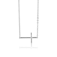 Sterling Silver Sideways Cross Single CZ Necklace