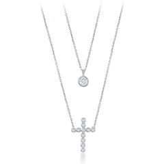 Sterling Silver Small CZ and Beaded Cross Double Strand Necklace