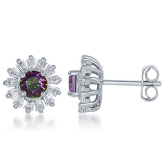 Sterling Silver Small Round Rainbow CZ with Baguette Border Stud Earrings