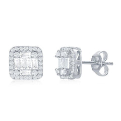 Sterling Silver Square Baguette CZ Stud Earrings
