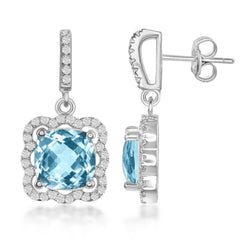 Sterling Silver Square Blue Topaz with Scalloped White Topaz Border 6.03cttw Earrings