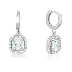 Sterling Silver Square Dangling Clear Pave Earrings