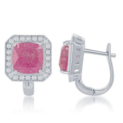 Sterling Silver Square Dark Pink Ice Earrings