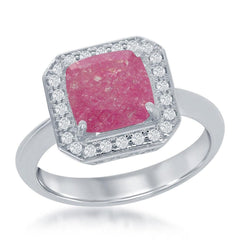 Sterling Silver Square Dark Pink Ice with CZ Ring, Size 7