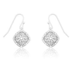 Sterling Silver Square Disc Flower Diamond Earrings
