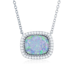 Sterling Silver Square Opal with Cubic Zirconia Border Necklace