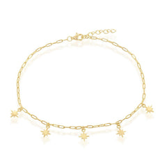 Sterling Silver Starburst Charms Paperclip Anklet - Gold Plated