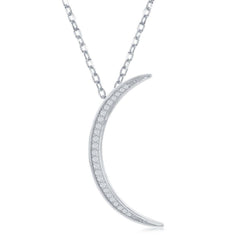 Sterling Silver Thin CZ Crescent Moon Pendant