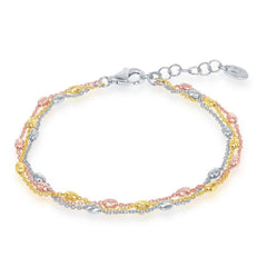 Sterling Silver Tri Color Triple Strand Oval Beaded Bracelet, 7
