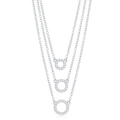 Sterling Silver Triple Chain Small Open CZ Circles Necklace