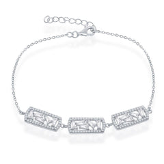 Sterling Silver Triple Rectangle with Baguettes and CZ Bracelet