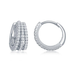 Sterling Silver Triple Row CZ Small Hoop Earrings