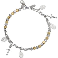Sterling Silver Two Tone Beads with Cross and Medal Charm Bracelet