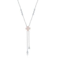 Sterling Silver Two-Tone Rose Gold Plated CZ Flower with Bezel-Set CZ Lariat Necklace