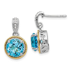Sterling Silver w/14ky Blue Topaz Diamond Post Dangle Earrings