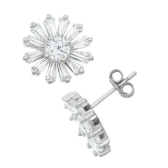 Sterling Silver White Baguette Daisy Stud Earrings