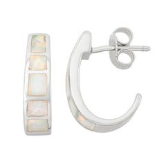 Sterling Silver White Inlay Opal Huggie Hoop Earrings