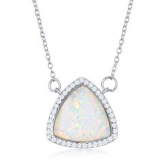 Sterling Silver White Inlay Opal Triangle with CZ Border Necklace