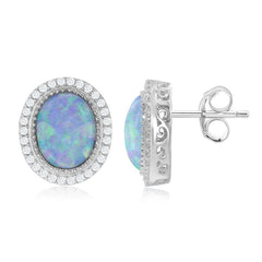 Sterling Silver White Oval Opal CZ Border Earrings