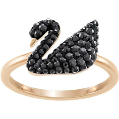 Swarovski Women's Ring - Iconic Swan Black Crystal Rose Gold, Size 55 | 5358024