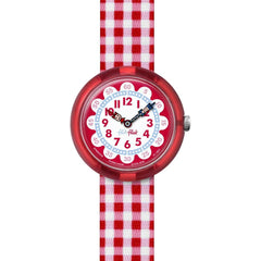Swatch Girls Fabric Strap Watch - Flik Flak Gingham Red & White Dial Swiss | FBNP078