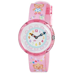 Swatch Girls Fabric Strap Watch - Flik Flak Lovely Party White & Pink Dial | FBNP083