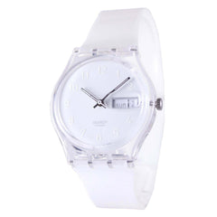 Swatch GK733 Women's Snowcovered White Dial Plastic Strap Day Date Swiss Watch