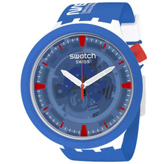 Swatch Men's Watch - Space Jumpsuit Swiss Quartz Blue Skeleton Dial Strap | SB03Z100