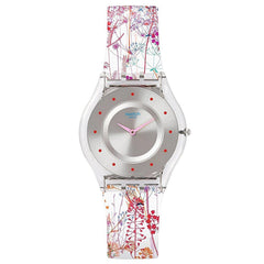 Swatch SFE102 Unisex Floralia Jardin Fleuri Silver Sunray Dial Floral Printed Silicone Strap Watch