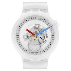 Swatch Unisex Quartz Watch - Clearly Bold Transparent Skeleton Dial Strap | SB01K100