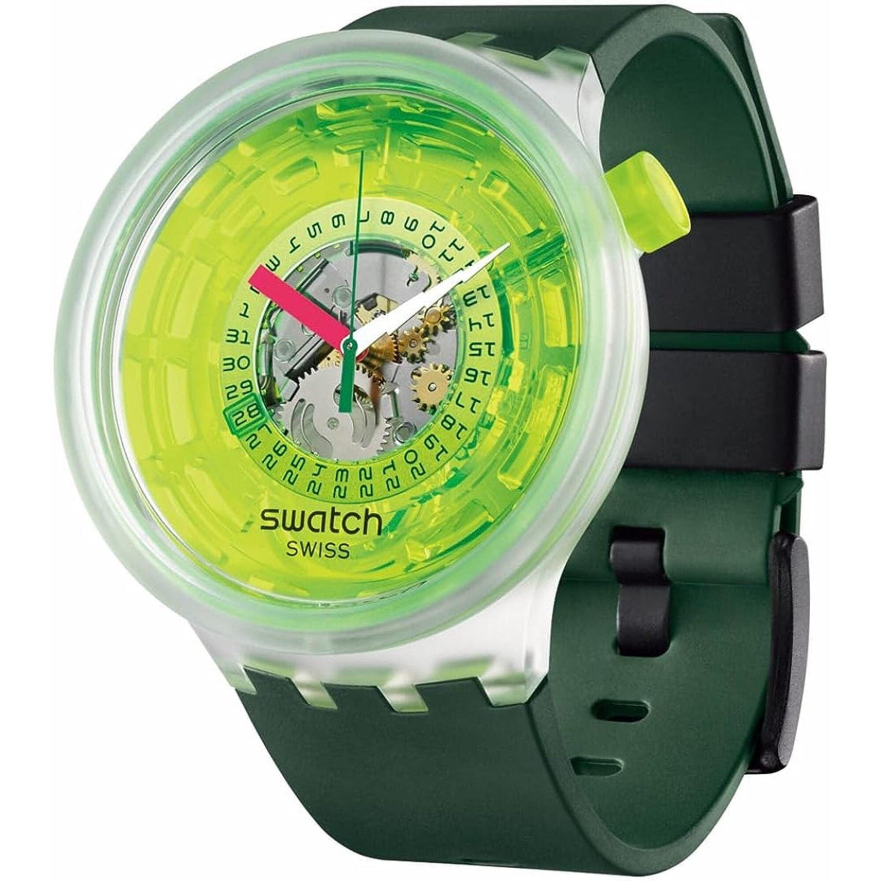 Swatch Unisex Watch Blinded By Neon Date Display Semi Skeleton Dial Strap SB05K400