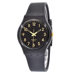 Swatch Unisex Watch - Classic Golden Tac Swiss Quartz Black Dial Strap | SO28B113